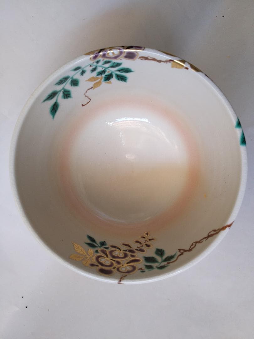 押小路窯 庄左ェ門 作 色絵「藤」茶碗 押小路焼 共箱 共布 栞 抹茶碗 新品