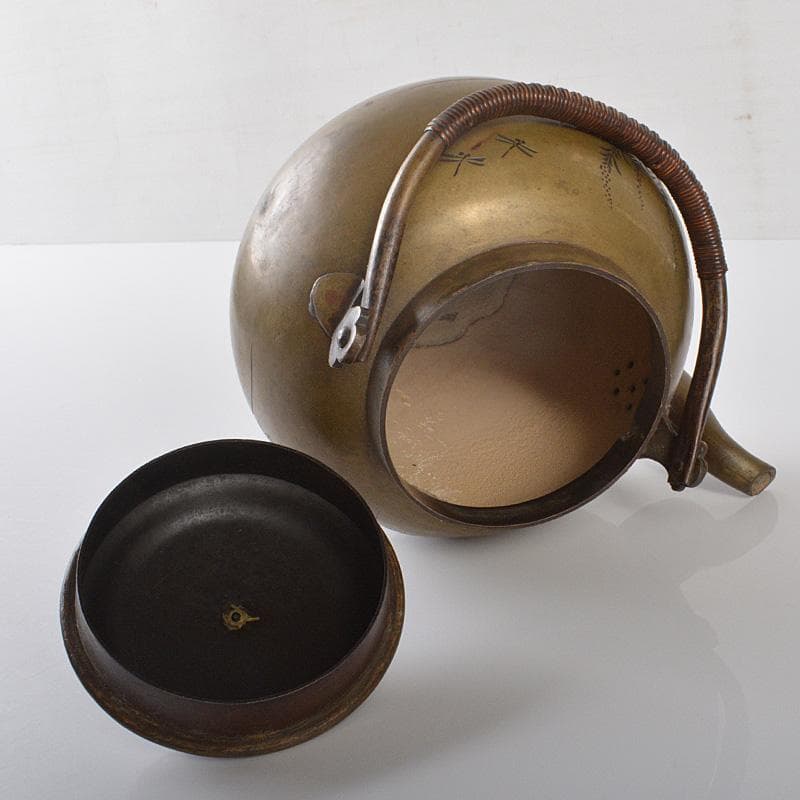 煎茶道具　銅製　彫金花文　湯沸し　水次　薬缶　D　R6514