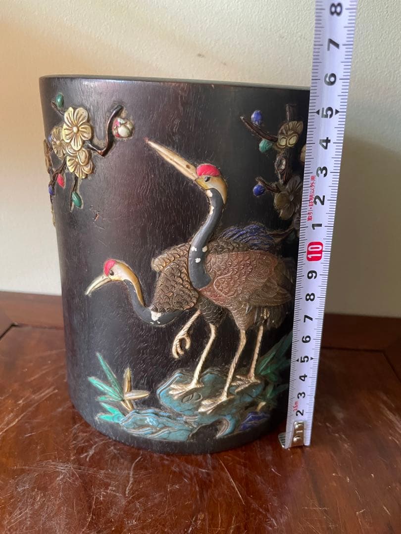 中国清代乾隆年製 紫檀笔筒 诗文宝石嵌め古董品重1.2kg