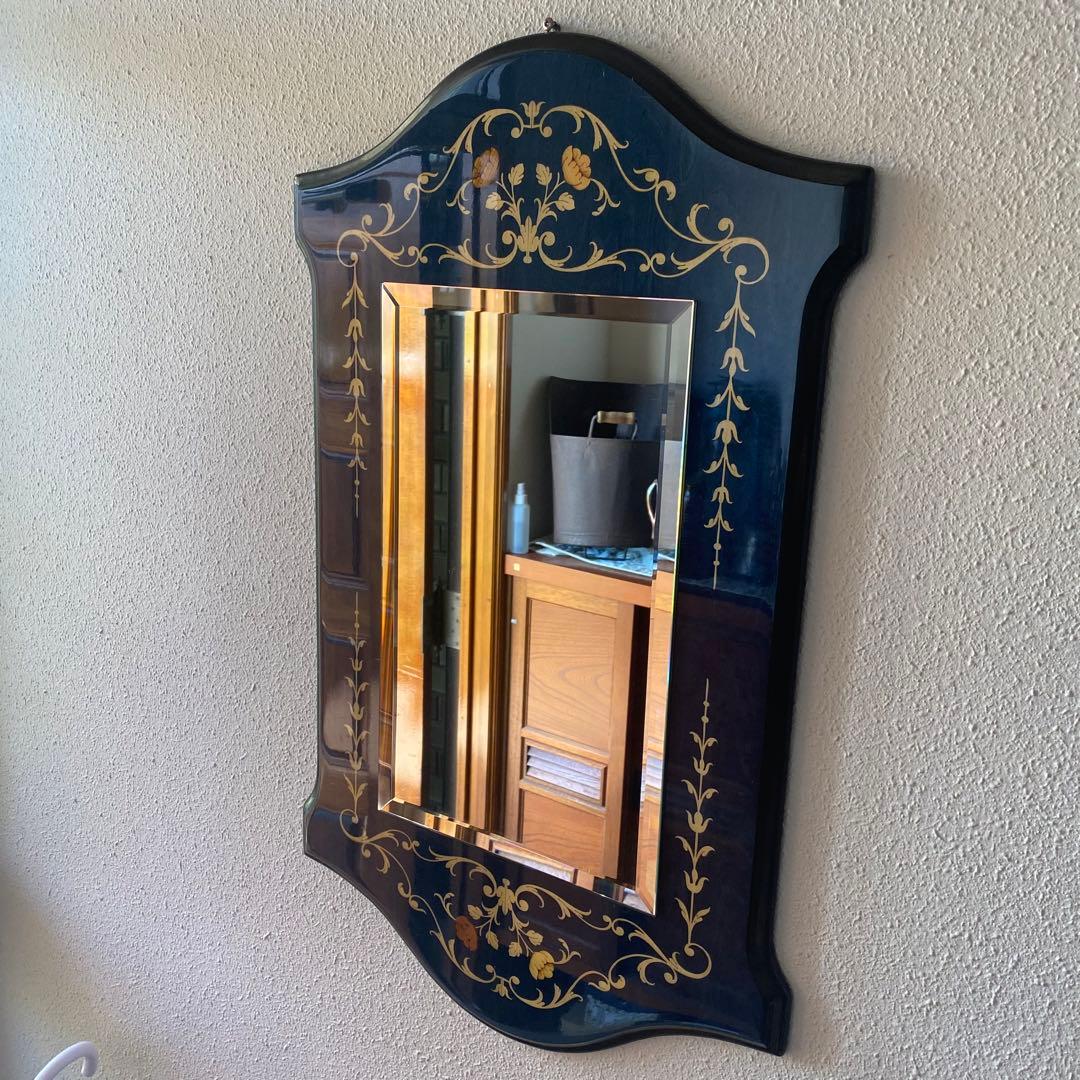 イタリア　青　ドマン　demain 象嵌　鏡　寄木　壁掛け　面取り鏡