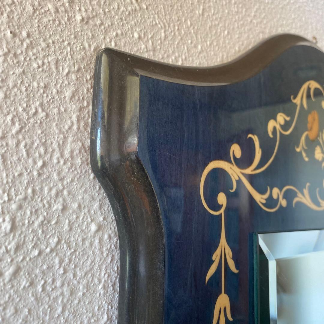 イタリア　青　ドマン　demain 象嵌　鏡　寄木　壁掛け　面取り鏡