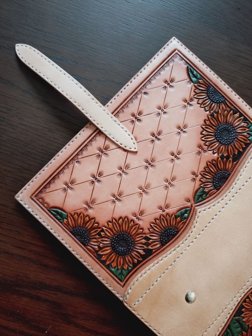 システム手帳　向日葵　バイブルサイズ　本革　カービング