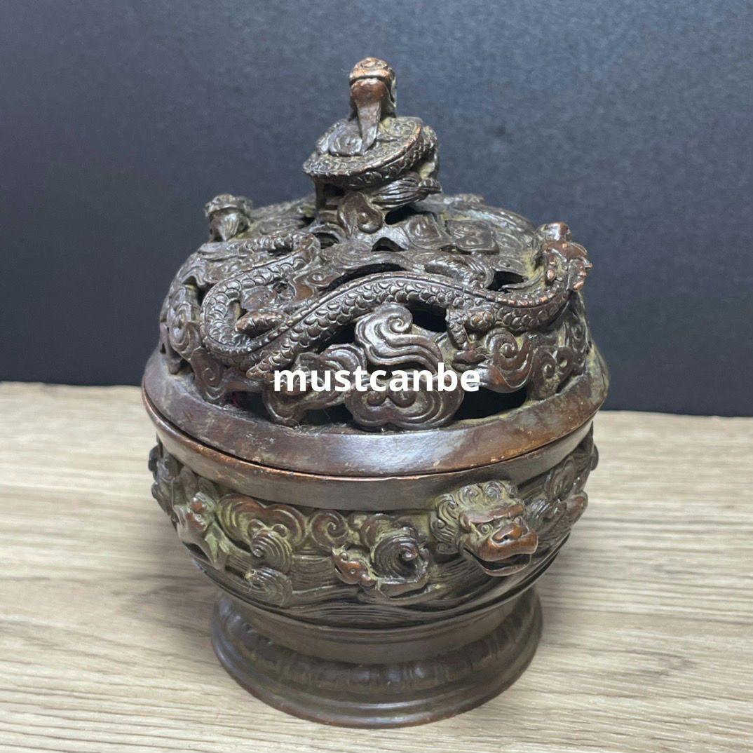 銅器 双獣耳浮彫盤竜薫香炉 香道具 茶道具 工芸品 置物