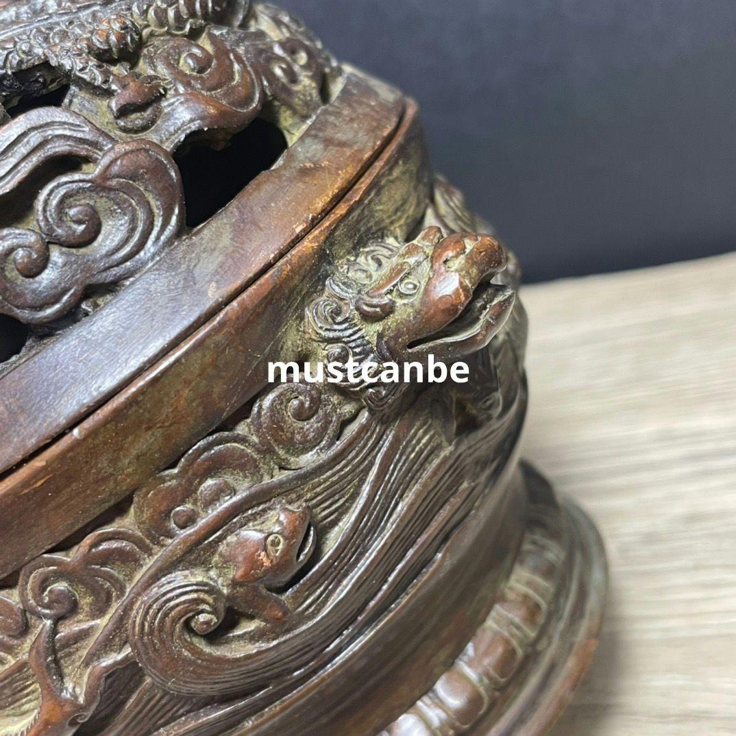 銅器 双獣耳浮彫盤竜薫香炉 香道具 茶道具 工芸品 置物