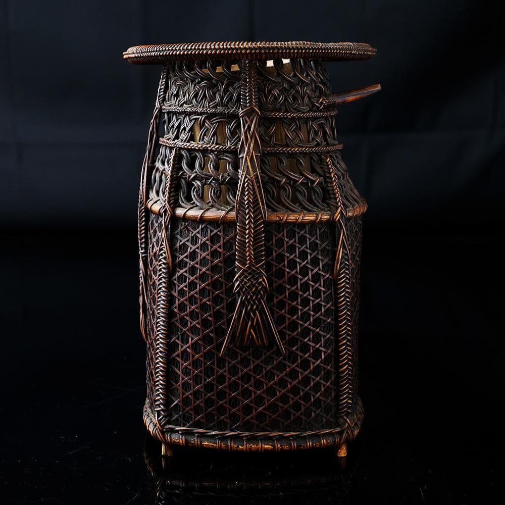 花生籠 掛花入 縄目編み 組紐細工 六ツ目編み 網代 花器 茶道具 木箱入