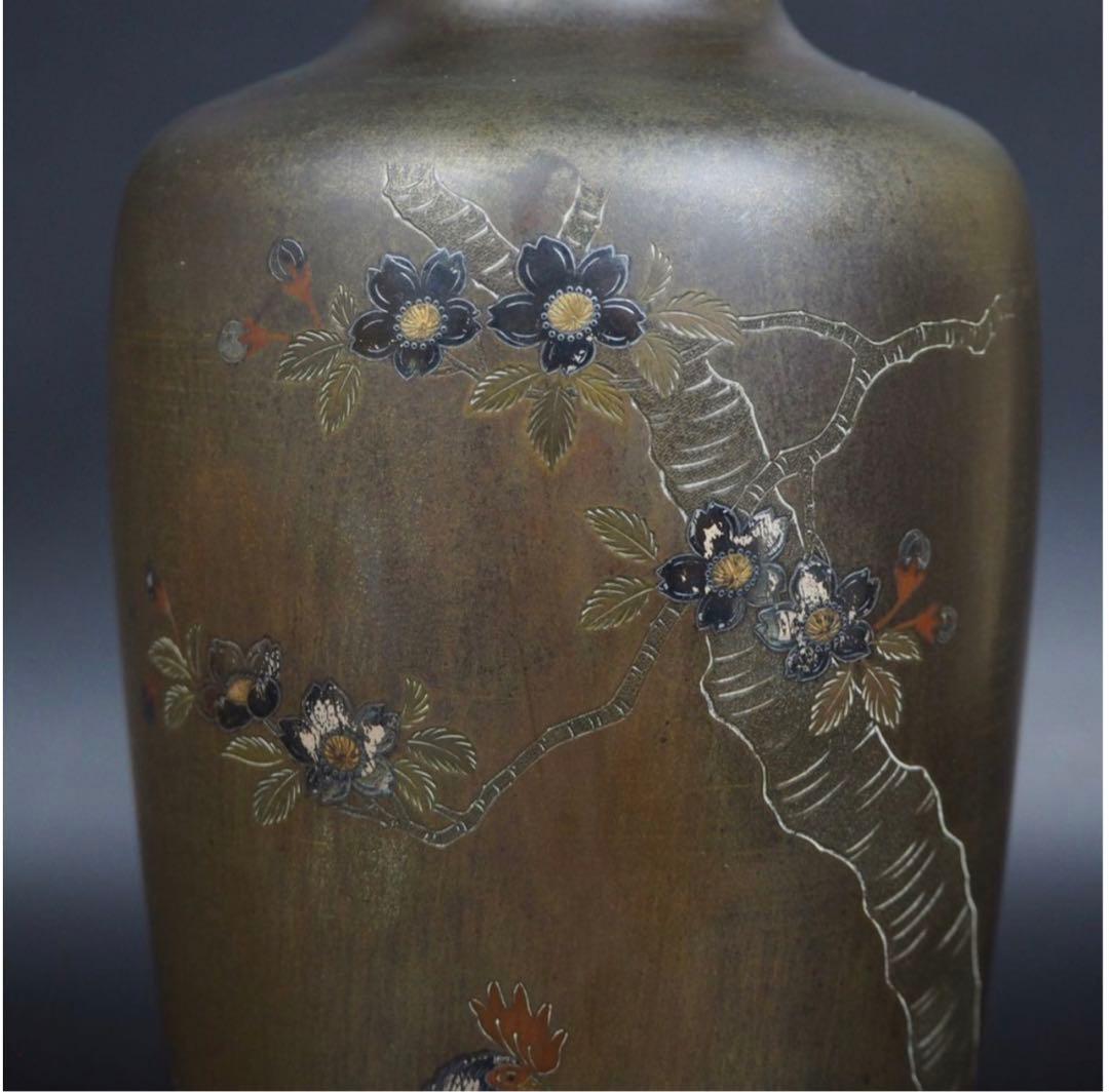 送料無料　幕末～明治期　金銀象嵌銅製花瓶　在銘　高さ24ｃｍ