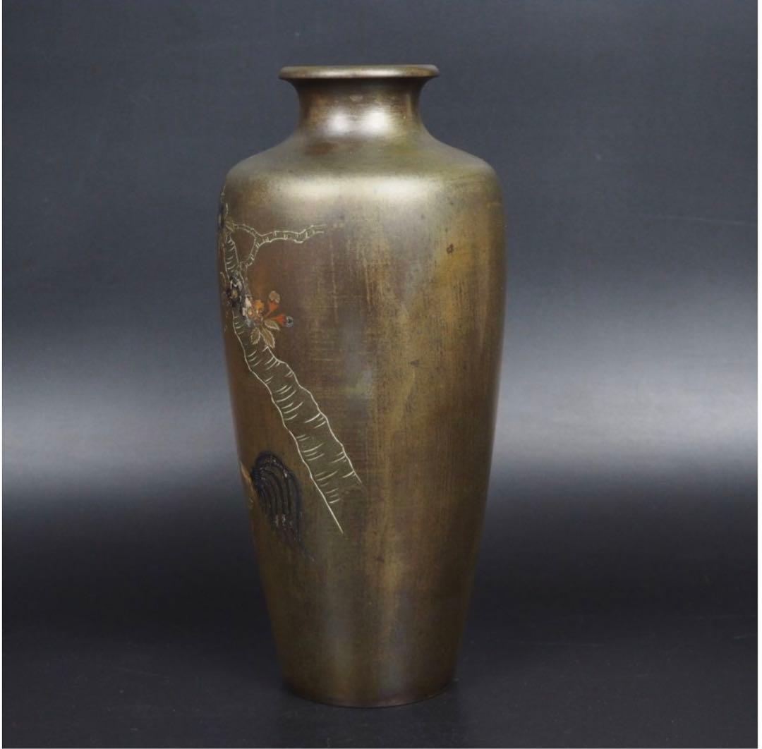 送料無料　幕末～明治期　金銀象嵌銅製花瓶　在銘　高さ24ｃｍ