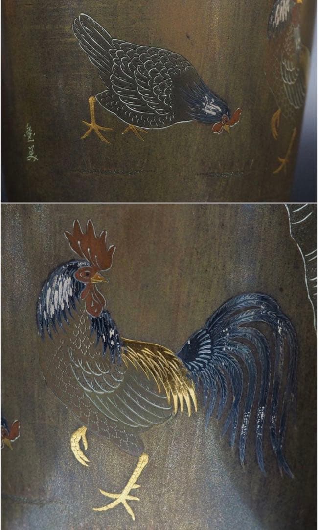 送料無料　幕末～明治期　金銀象嵌銅製花瓶　在銘　高さ24ｃｍ