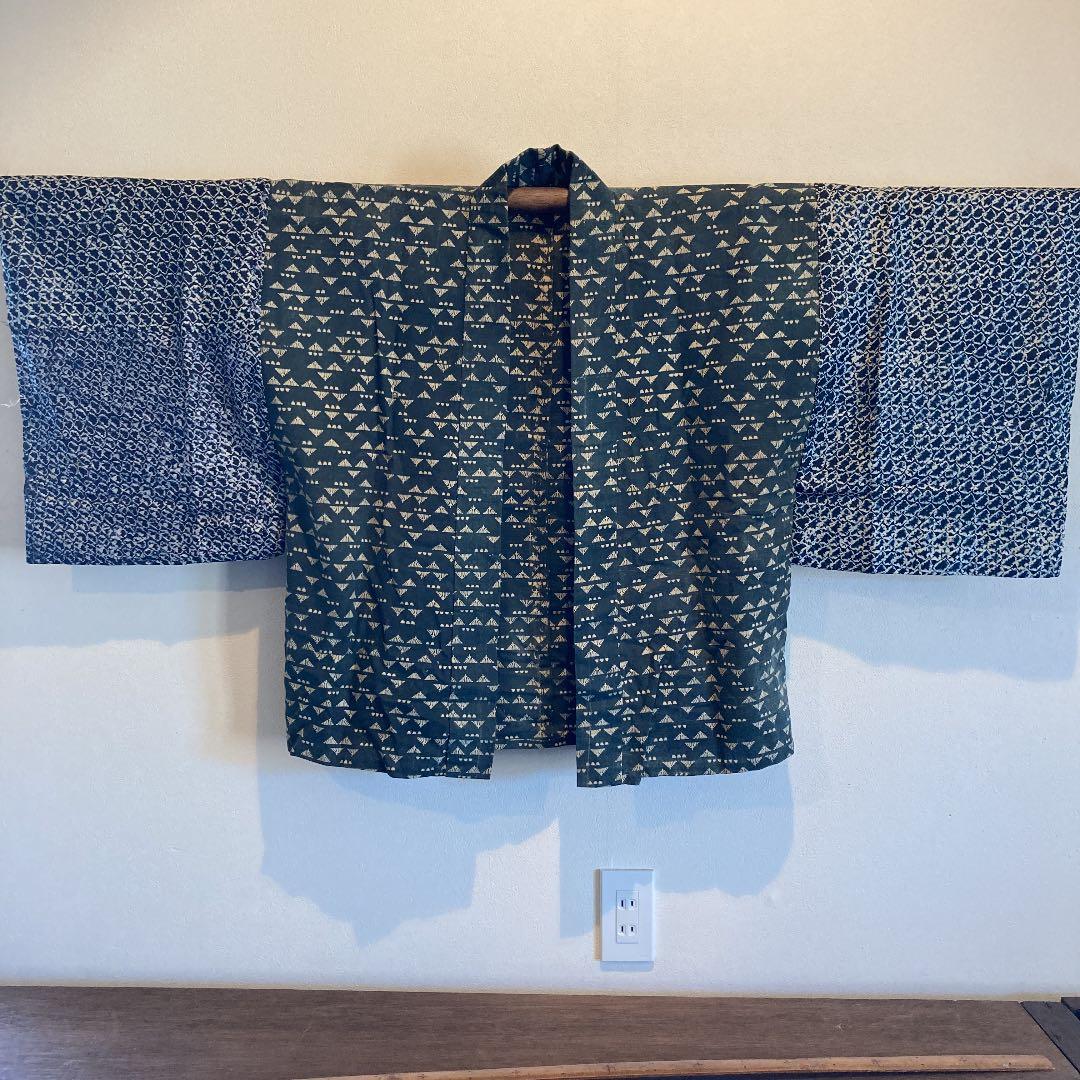 古布　男物　半襦袢　両面染め　型染　ミツウロコ　絞り　時代劇