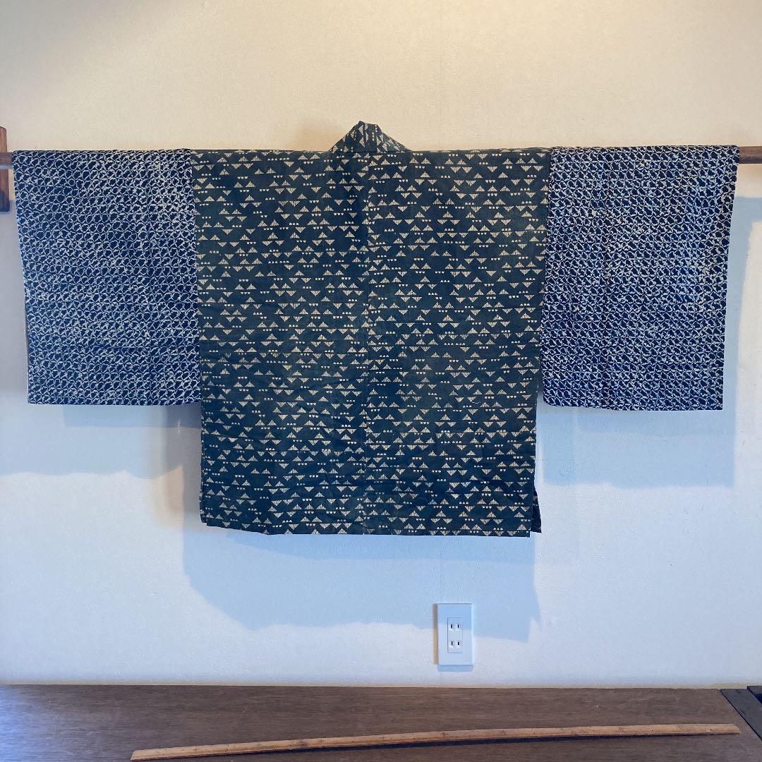 古布　男物　半襦袢　両面染め　型染　ミツウロコ　絞り　時代劇