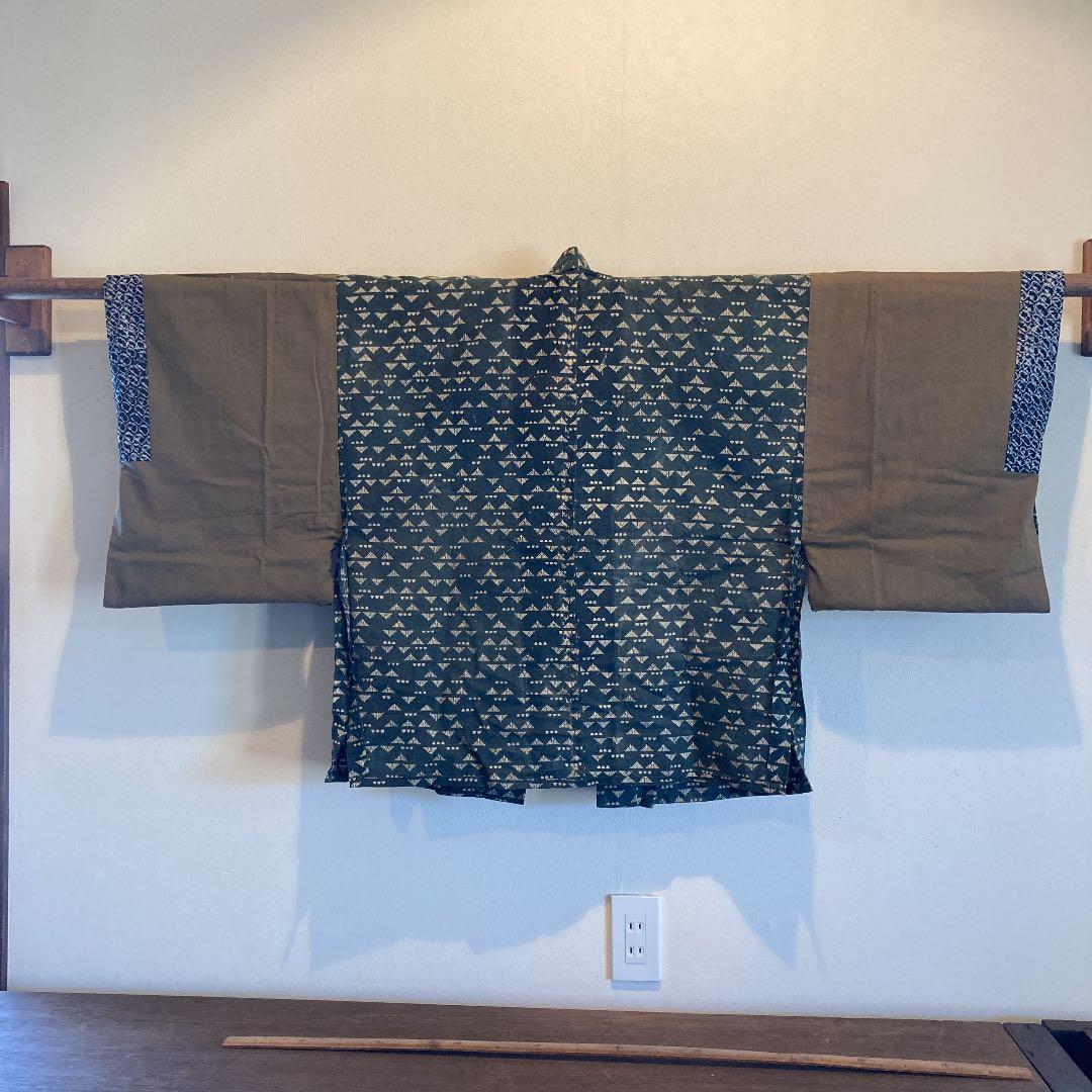 古布　男物　半襦袢　両面染め　型染　ミツウロコ　絞り　時代劇