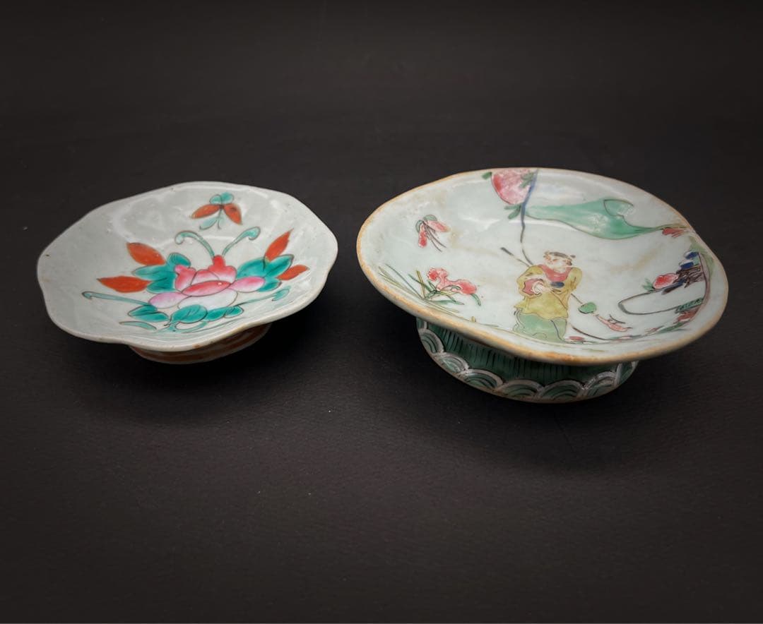 中国美術 古玩 清代 人物花紋樣 高足盤2点