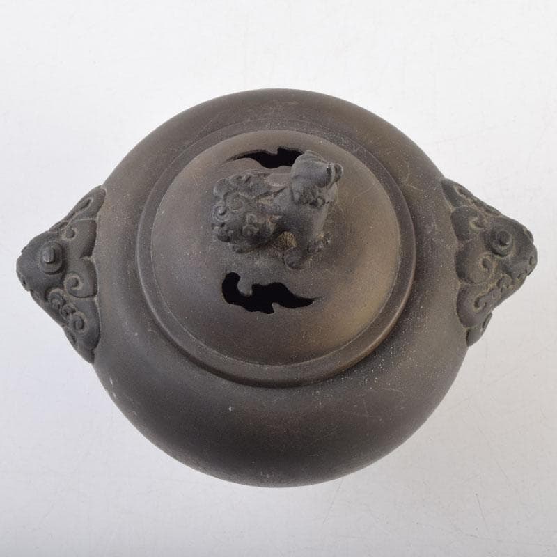 中国　古銅宣徳銅　獅子摘　刻漢詩文　三つ足香炉　N　9001