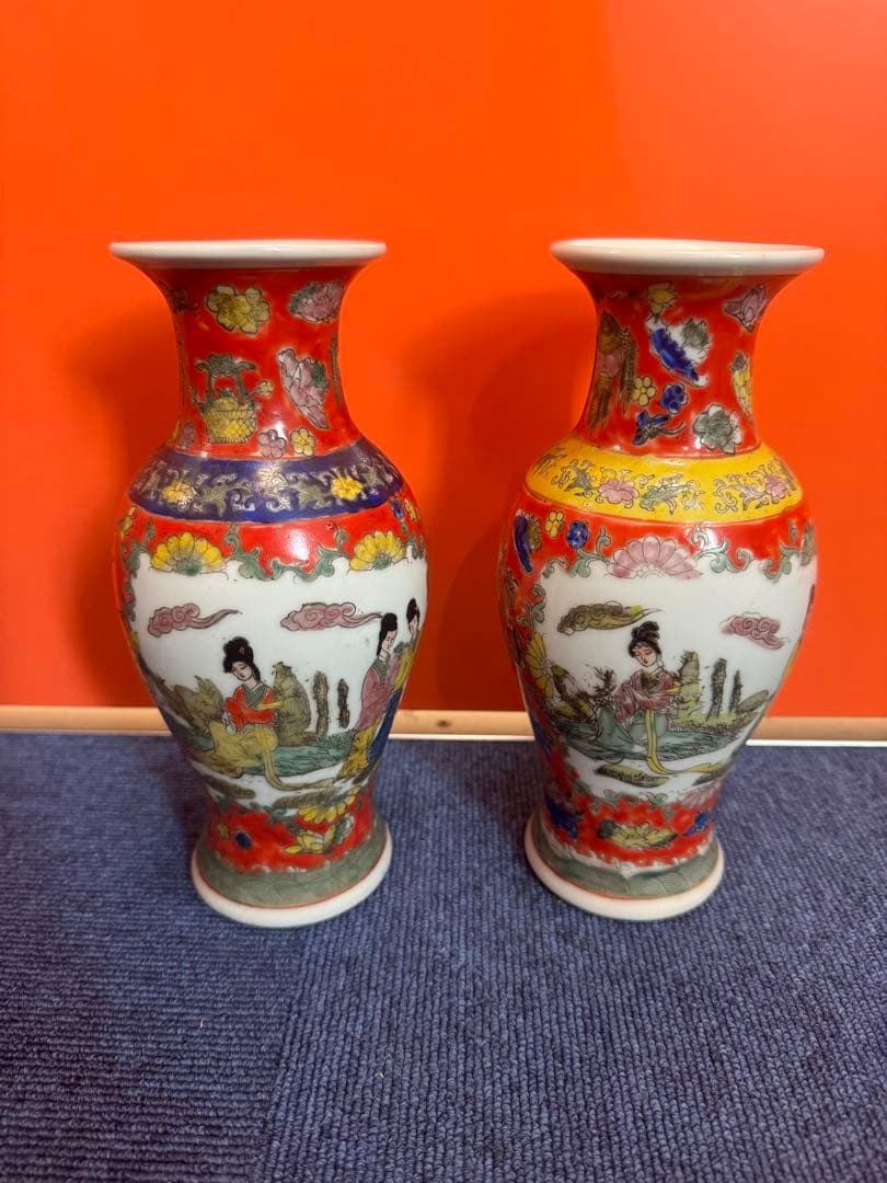 1596 中国骨董　花瓶2客　ペア