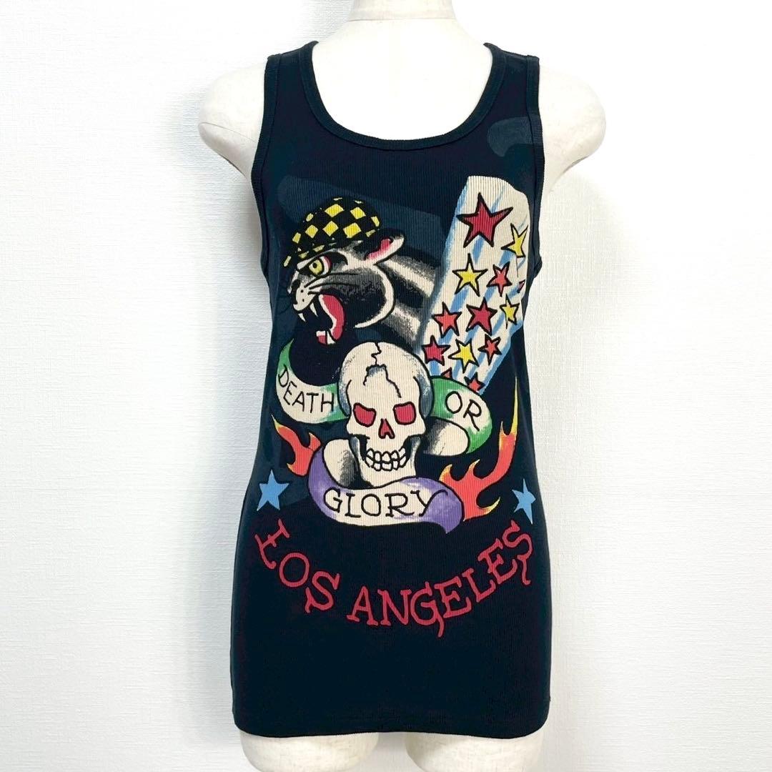 y2k❤️ 00s Ed Hardy スカル 両面ロゴ リブ タンクトップ