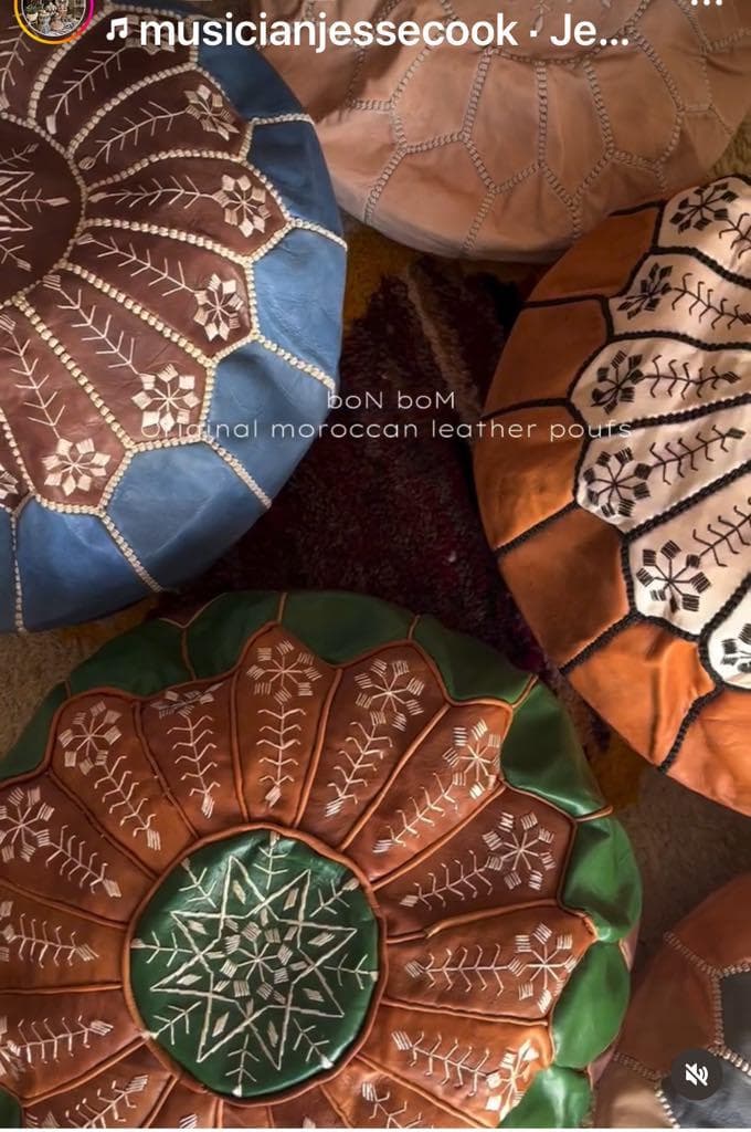 モロッコ　本革　オリジナルデザイン　プフ　オットマン　グリーン