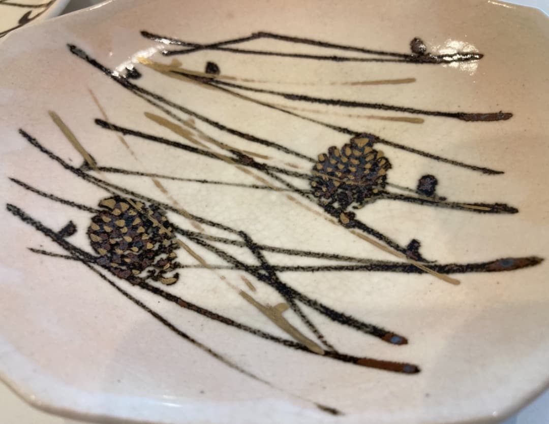 華中亭道八 松と松ぼっくりの銘々皿 四客 希少時代物