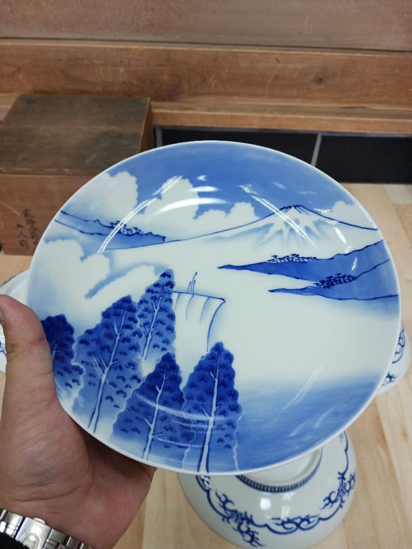 鍋島　鍋島焼　藍鍋島　染付　三保松原模様　富士図　櫛高台　7寸皿　5客　共箱
