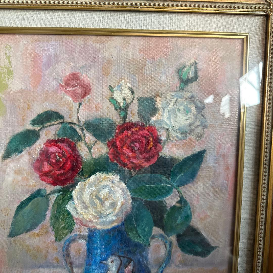 瞬間的お値下げ‼️雰囲気のよい優しいバラと鳥の絵　油彩画 花瓶のバラ ヴィンテージ