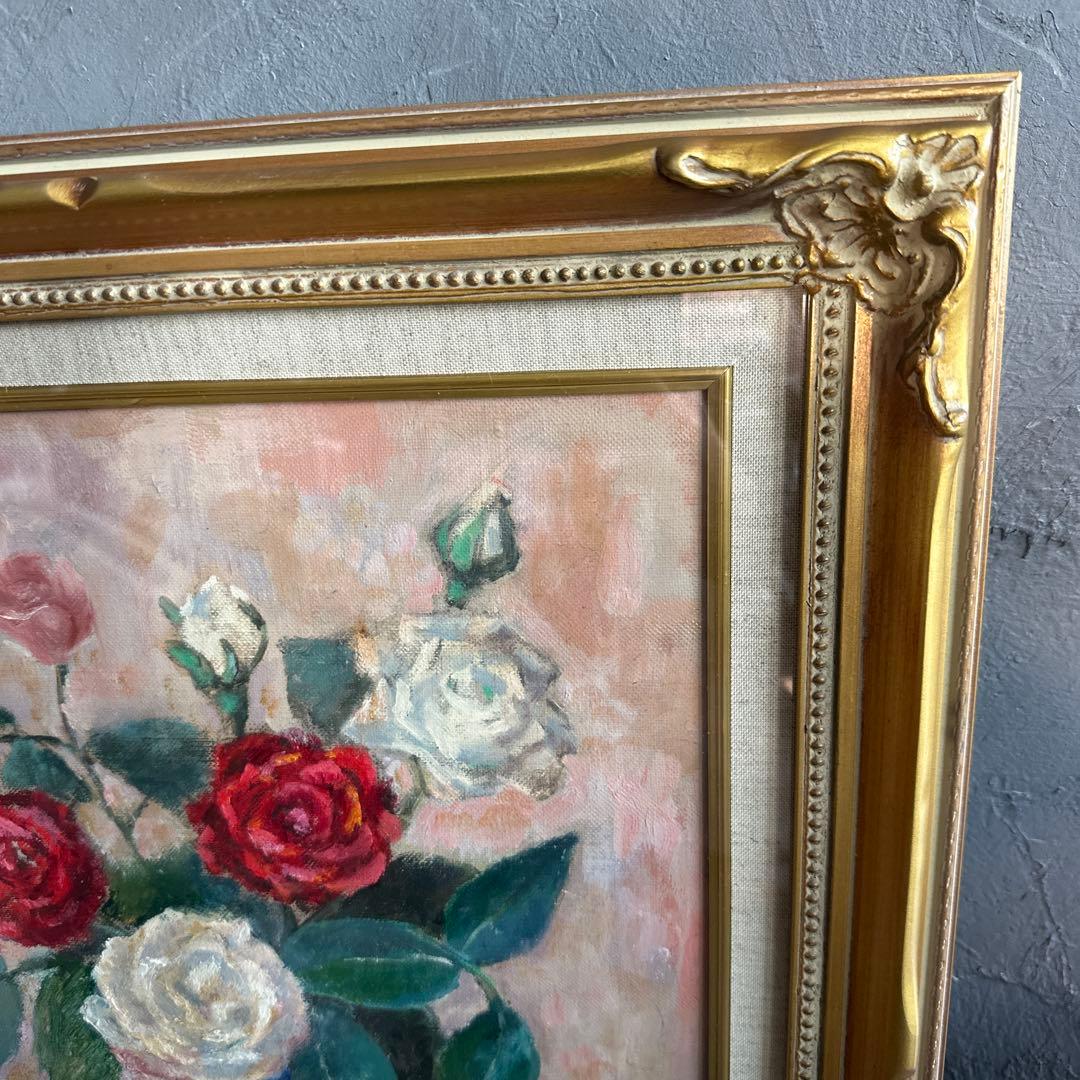 瞬間的お値下げ‼️雰囲気のよい優しいバラと鳥の絵　油彩画 花瓶のバラ ヴィンテージ