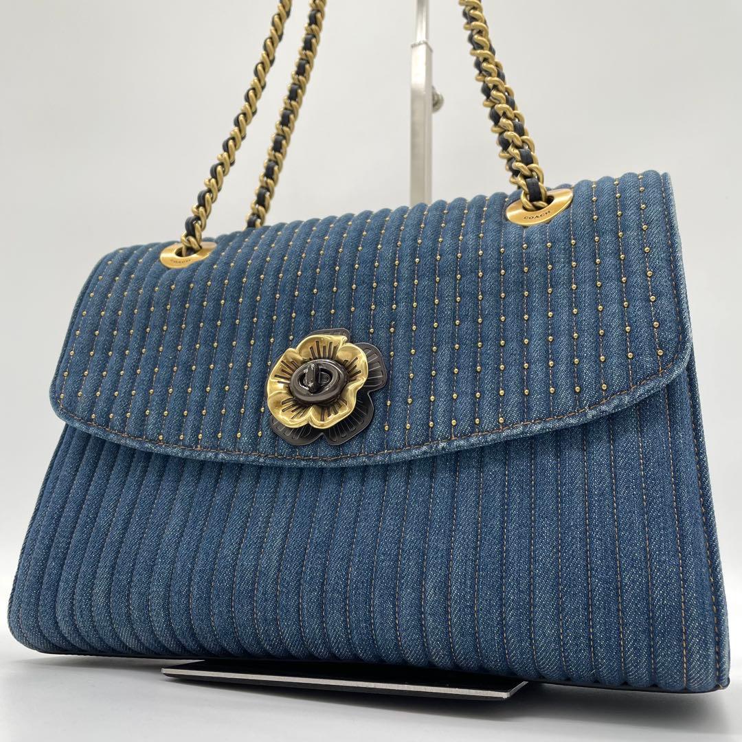 【極美品】コーチ　ショルダーバッグ　ティーローズ　ターンロック　デニム　青
