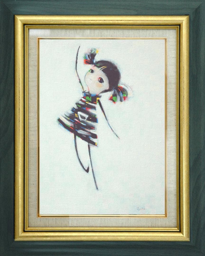 油絵 菅家令子 絵 絵画インテリア額付(青緑＋金色の枠)F4-080715女の子