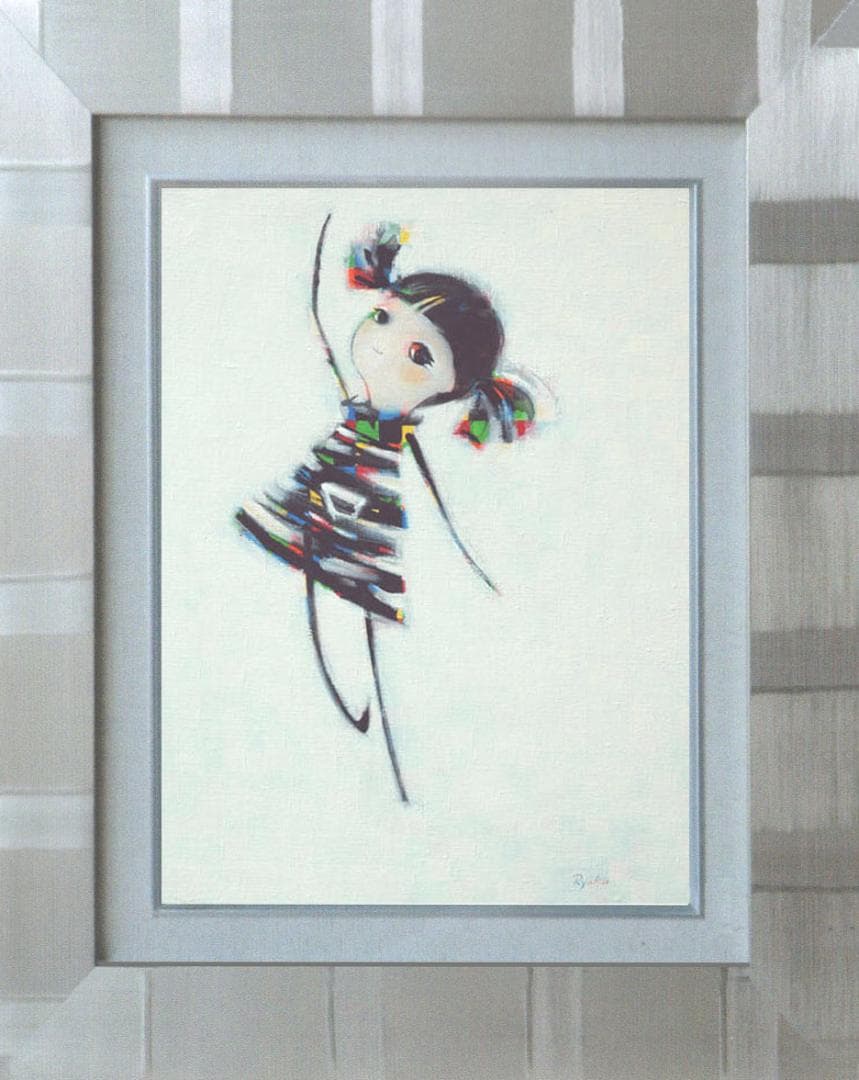 油絵 菅家令子 絵 絵画インテリア額付(青緑＋金色の枠)F4-080715女の子