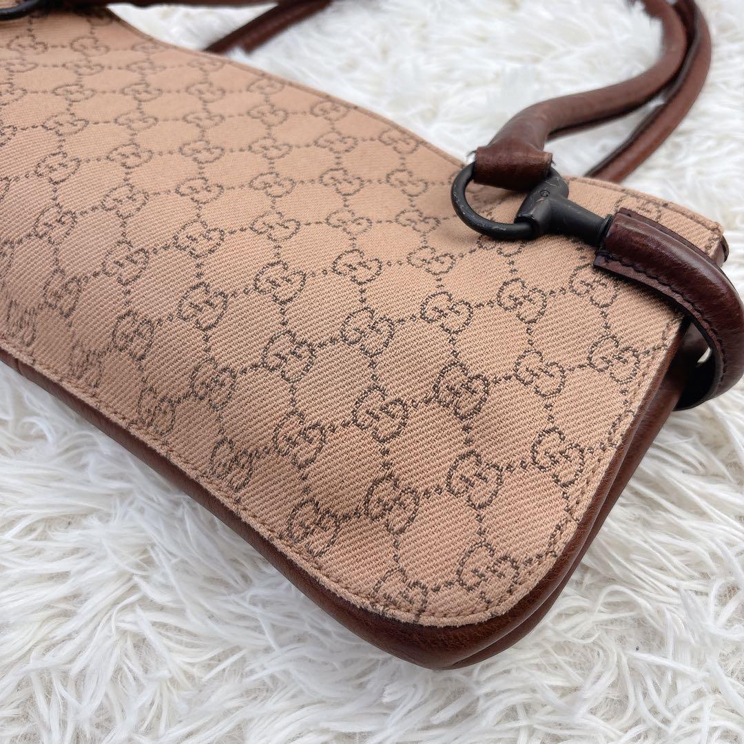 GUCCI グッチ　ハンドバッグ　GG　ホースビット　ブラウン　ビンテージ