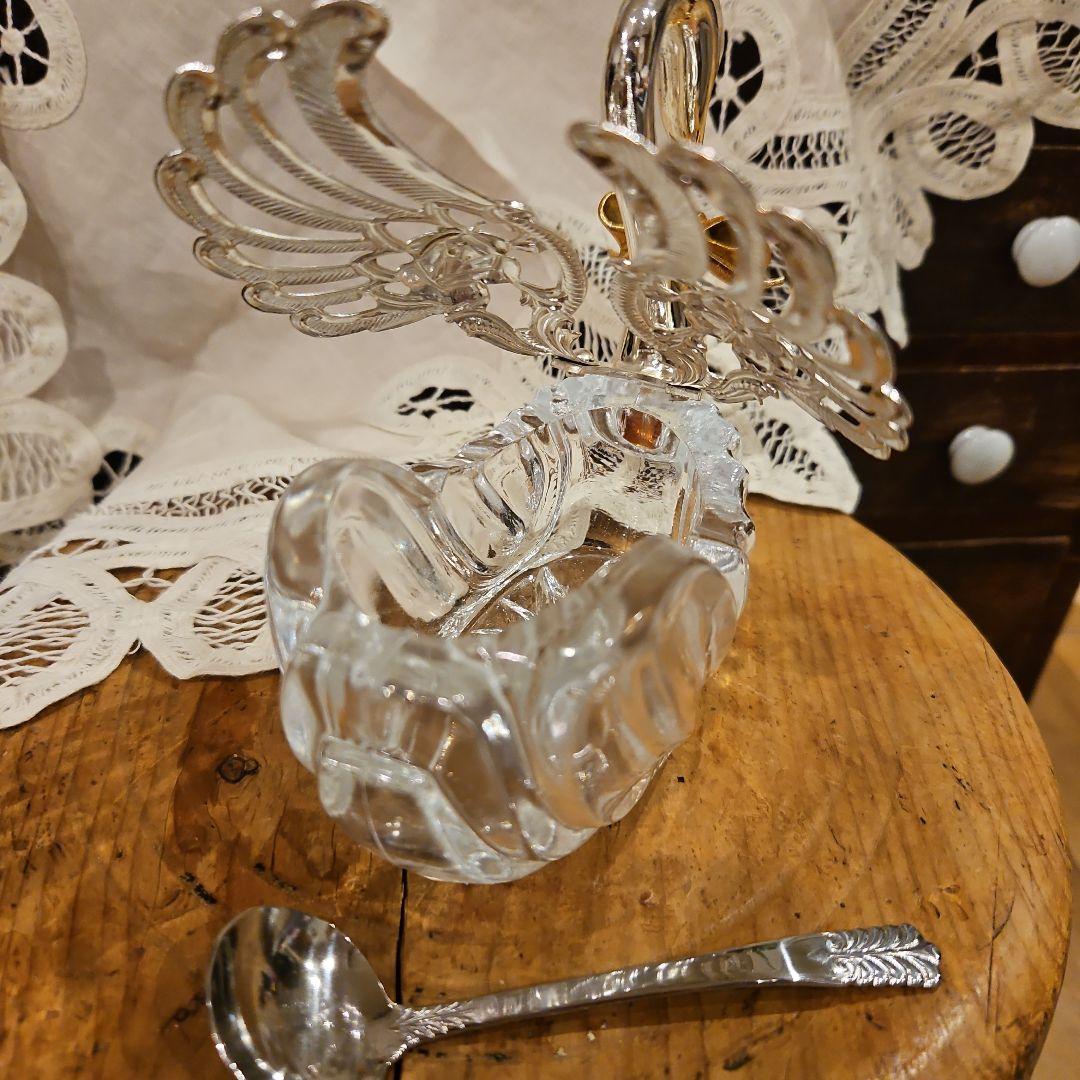 フランスアンティーク風　スワン　白鳥　ガラス製 白鳥 デザイン スプーン付き