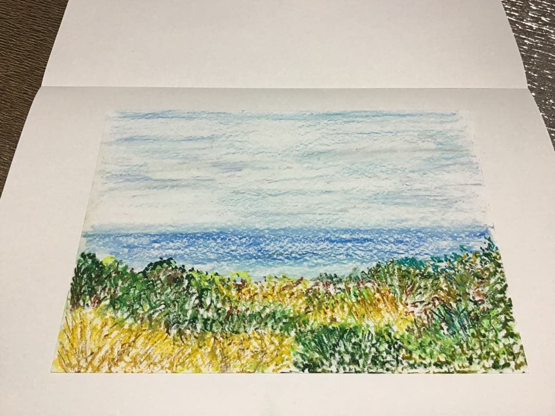 パステル画 海と木々を描いてみました。B5サイズです。