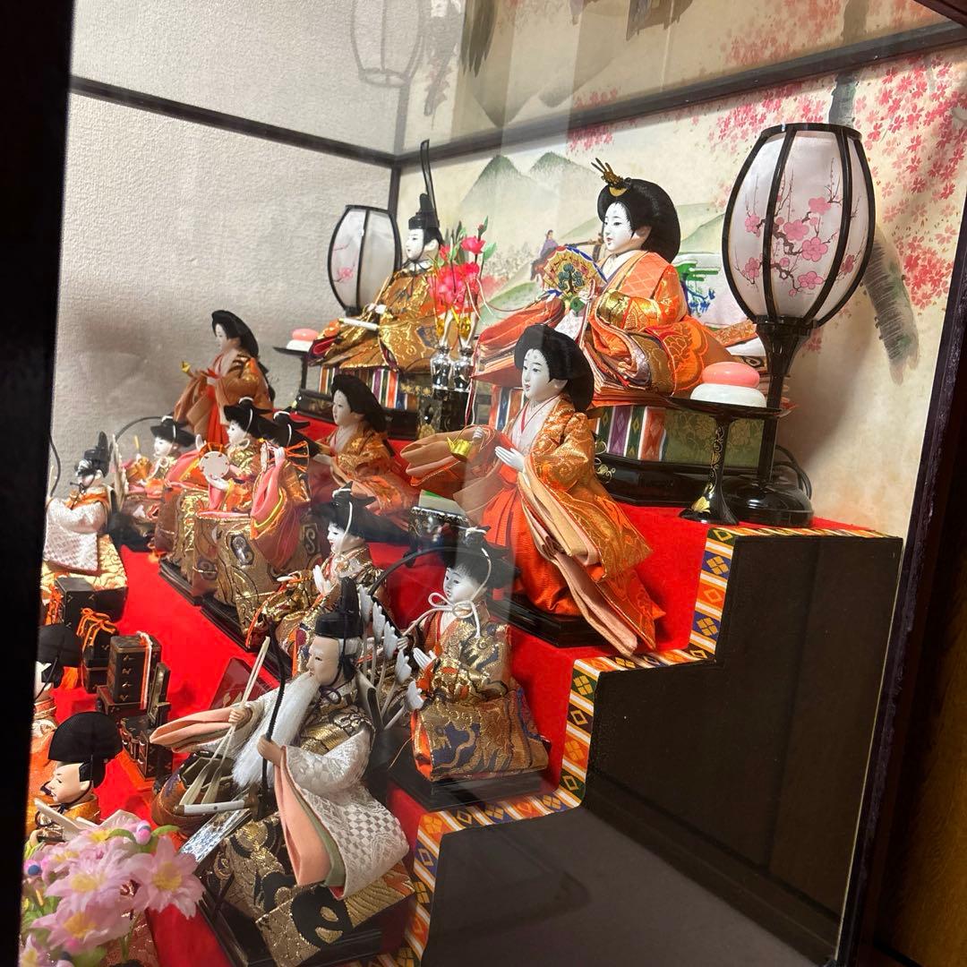雛人形セット 和風ランプ付き　ガラスケース入り
