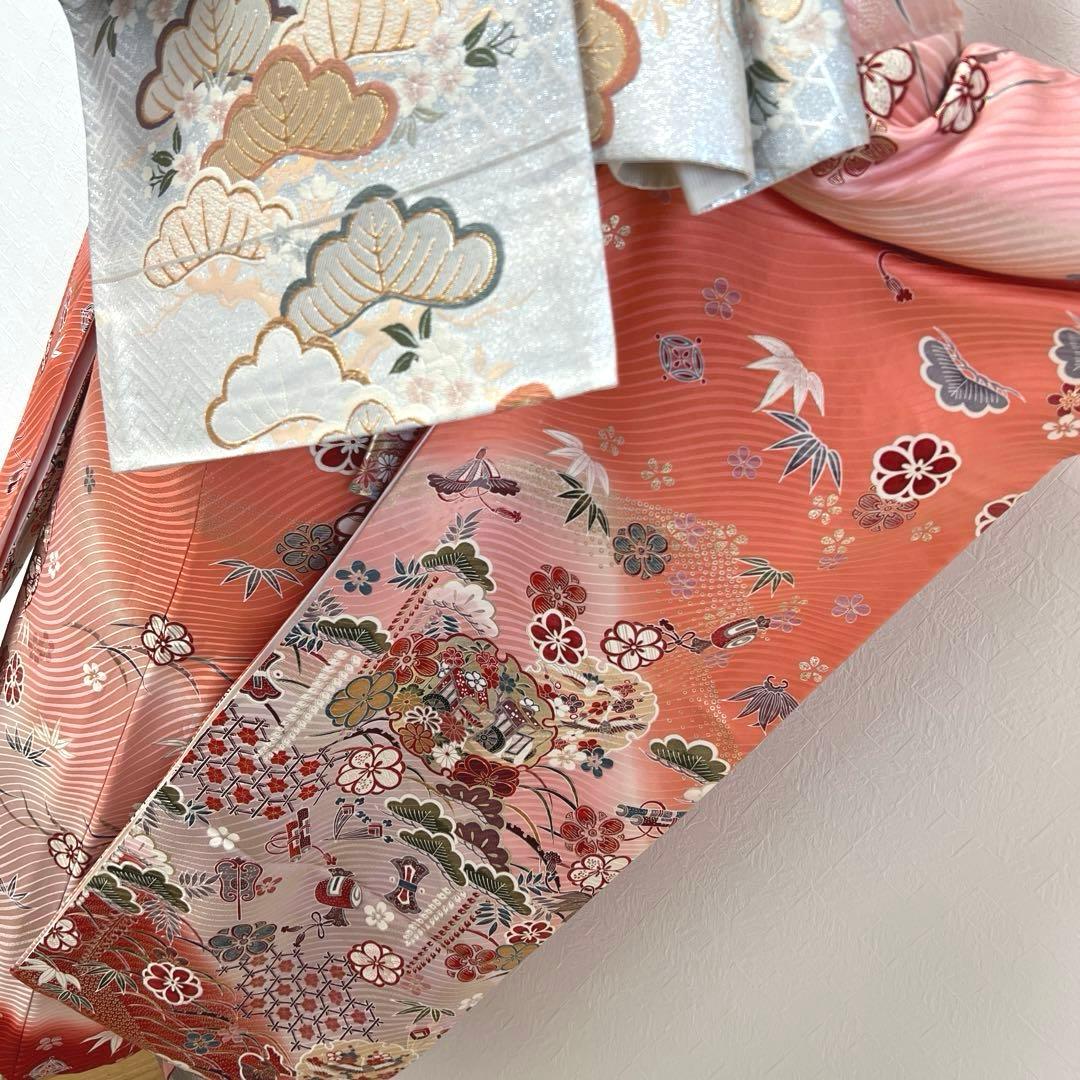 480 振袖フルセット 正絹 コーラルピンク オレンジ 橙 桃 金銀彩 暈し染め