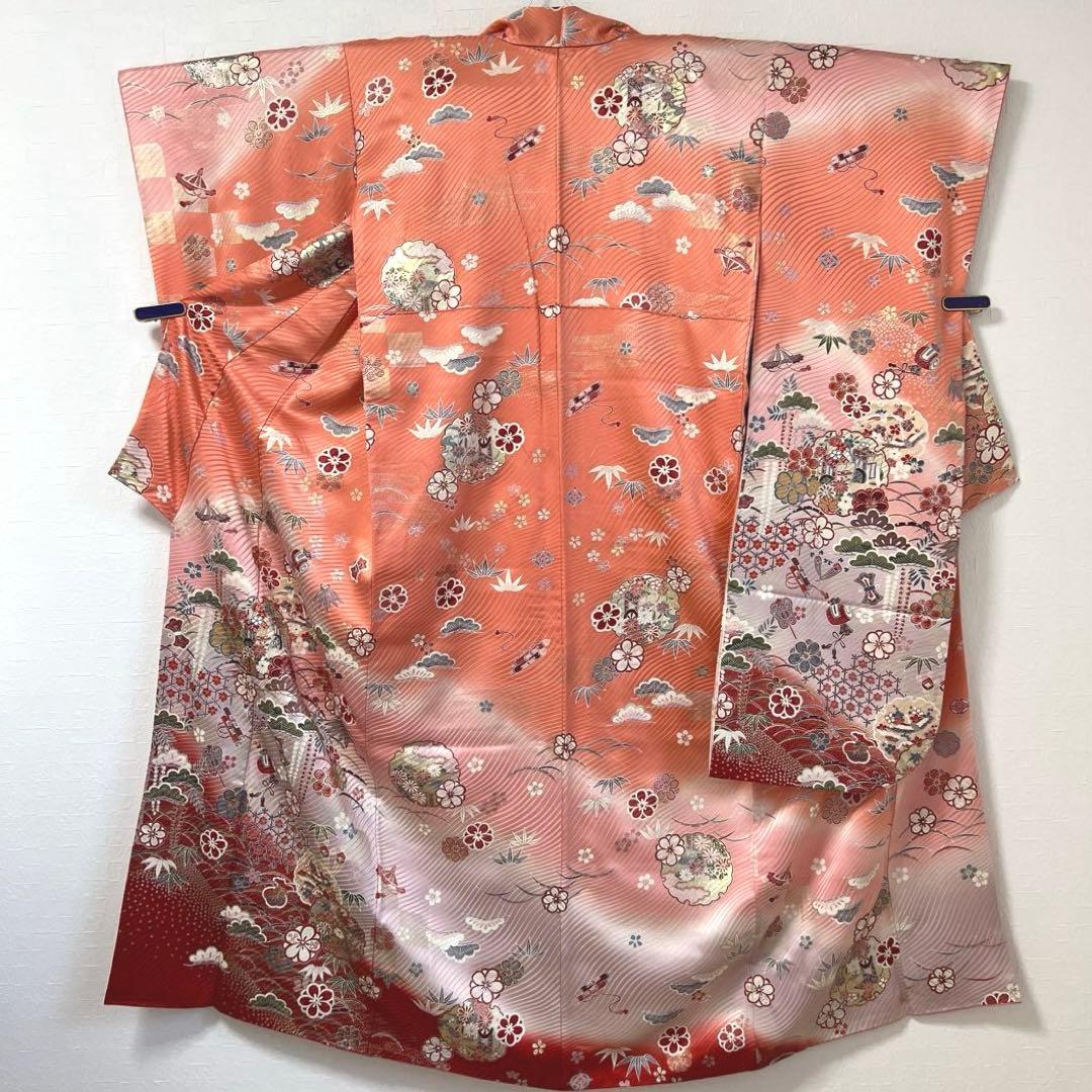 480 振袖フルセット 正絹 コーラルピンク オレンジ 橙 桃 金銀彩 暈し染め