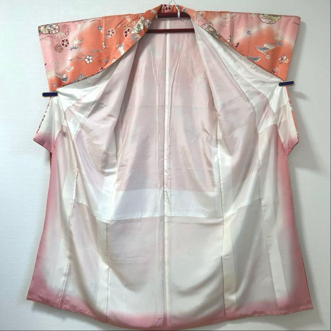 480 振袖フルセット 正絹 コーラルピンク オレンジ 橙 桃 金銀彩 暈し染め