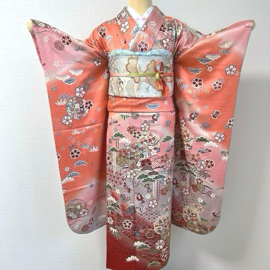 480 振袖フルセット 正絹 コーラルピンク オレンジ 橙 桃 金銀彩 暈し染め