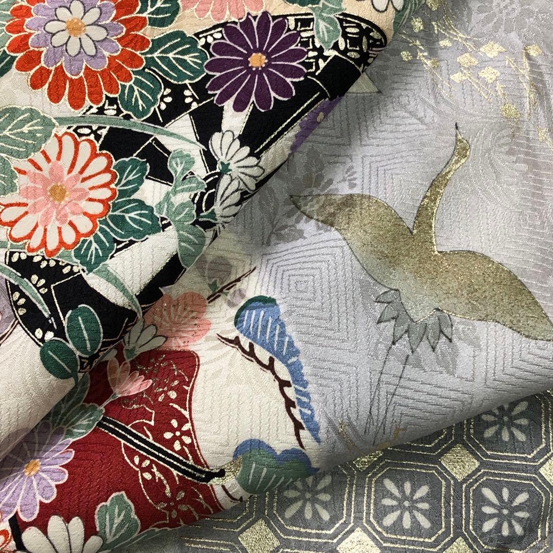 振袖 御所車 花模様 花亀甲 生成色 金彩 トールサイズ KK-2123