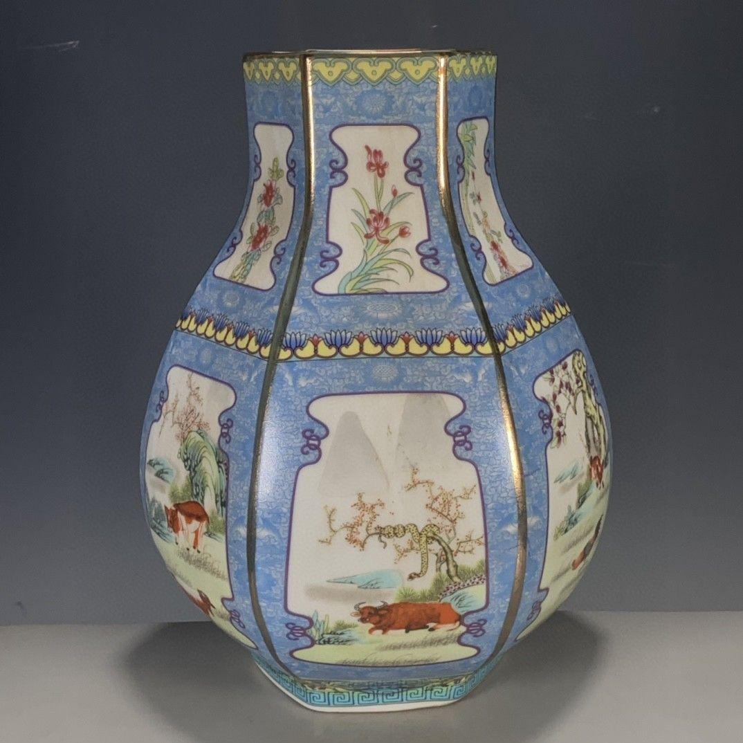 清代パステル蒔絵十二支六角尊瓶 景徳鎮 陶磁器 装飾品 現代工芸品美術品 置物
