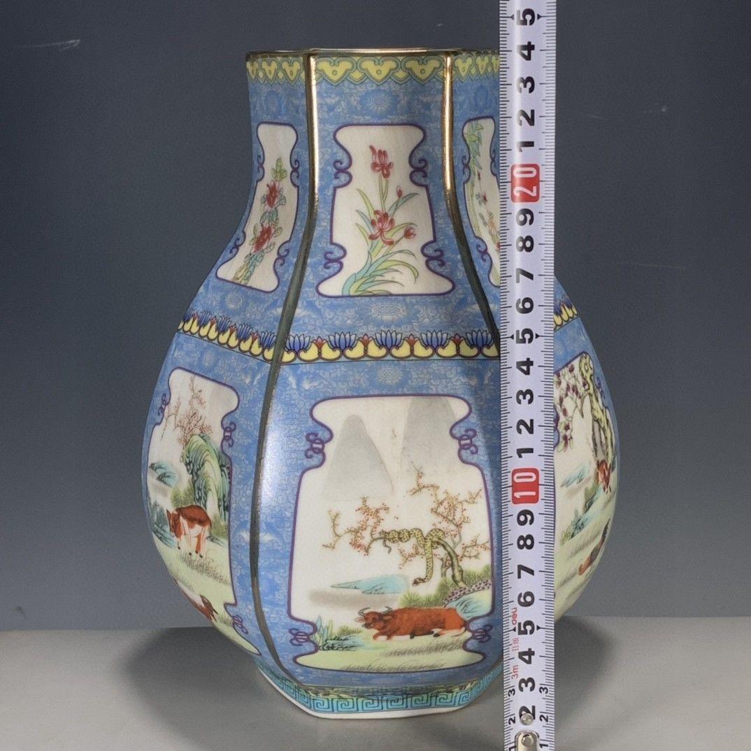 清代パステル蒔絵十二支六角尊瓶 景徳鎮 陶磁器 装飾品 現代工芸品美術品 置物