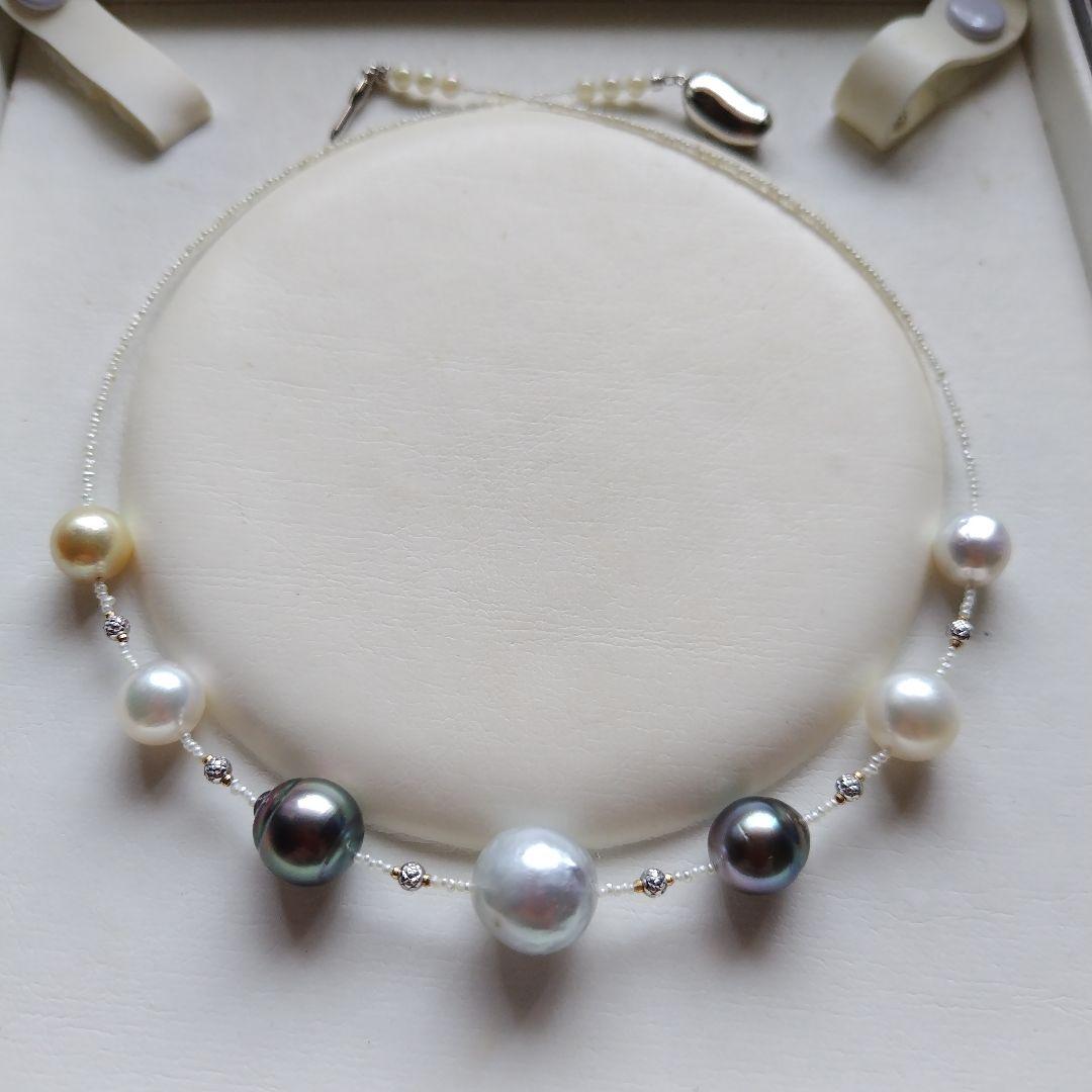 白蝶、黒蝶真珠、アコヤ砂芥子パール オメガ風ネックレス