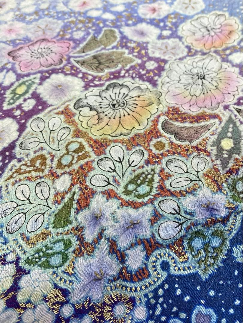 振袖 仮絵羽 京友禅 銀通し 絞り加工 金彩 辻が花 正絹 未仕立て品 八掛付き