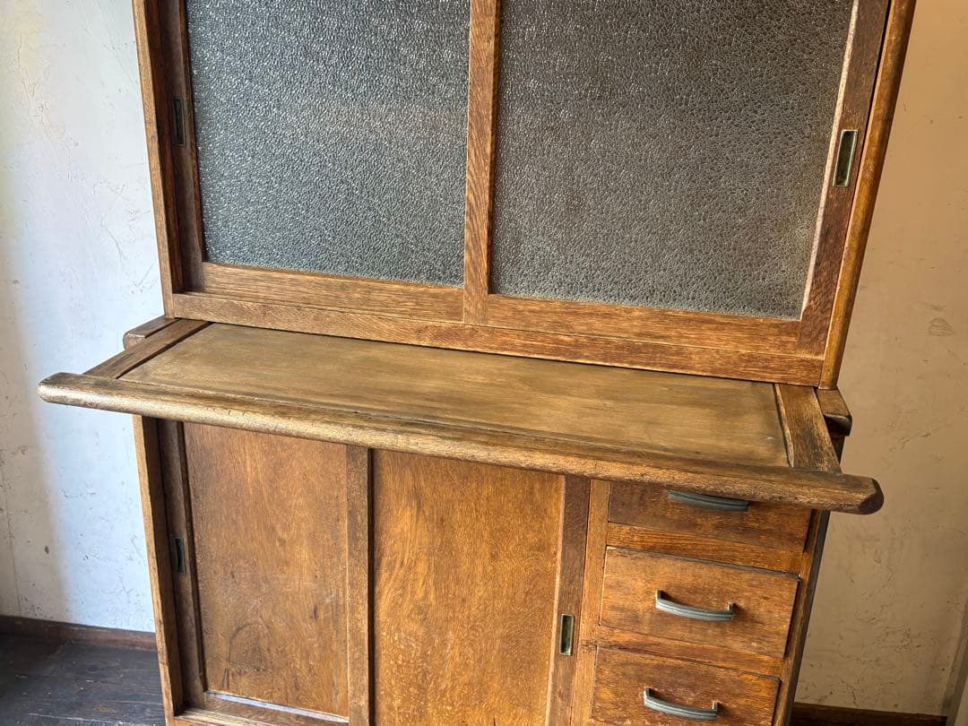 ダイヤガラス 作業台付き　レトロ 木製 キャビネット 水屋 食器棚 アンティーク