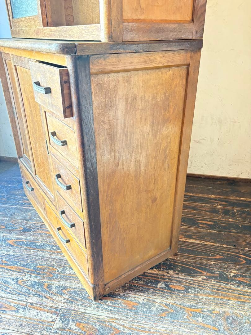 ダイヤガラス 作業台付き　レトロ 木製 キャビネット 水屋 食器棚 アンティーク