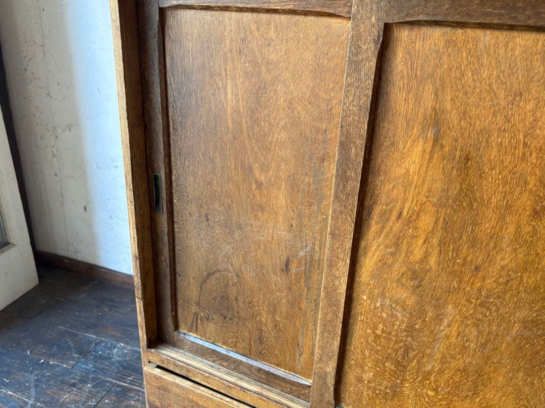 ダイヤガラス 作業台付き　レトロ 木製 キャビネット 水屋 食器棚 アンティーク