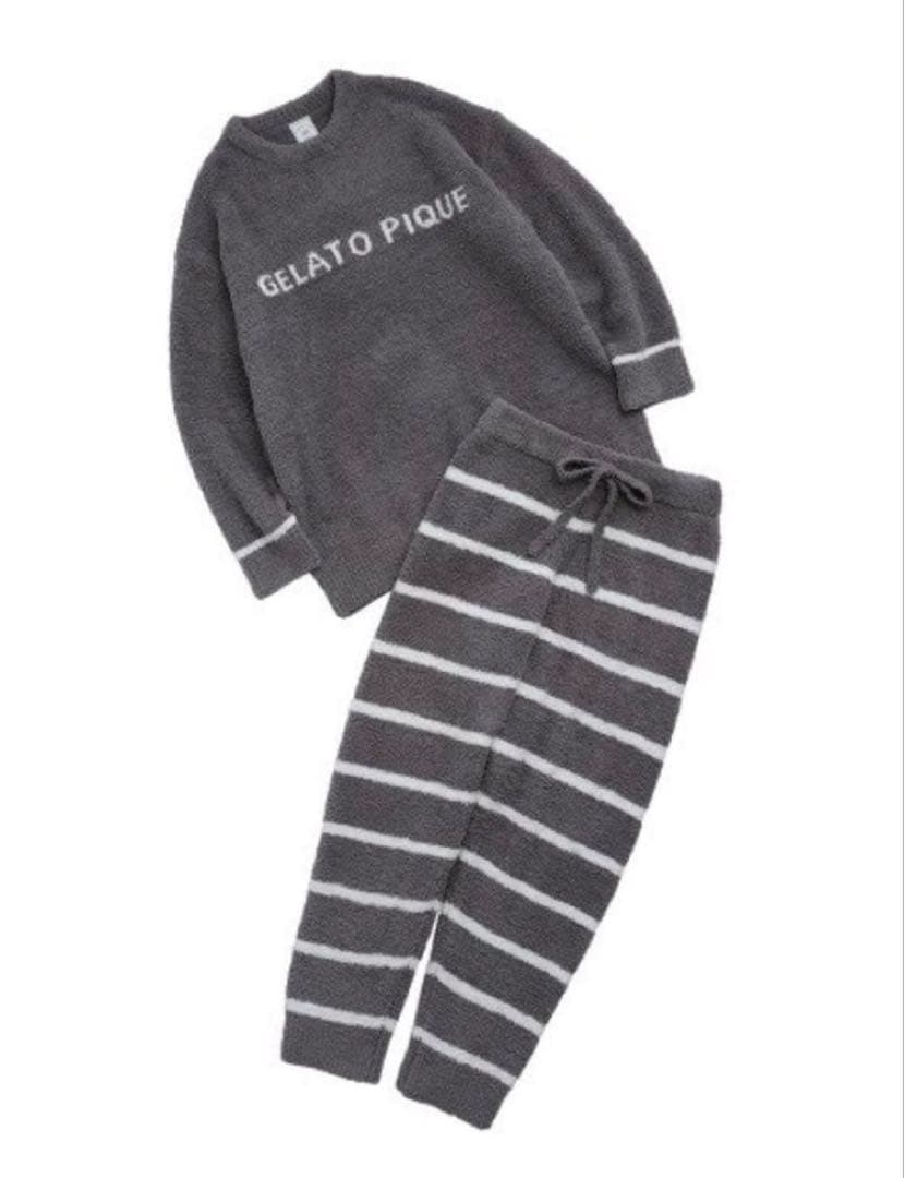 新品　ジェラートピケ　ルームウェア　上下セット　グレー　ロゴ　ボーダー　パンツ