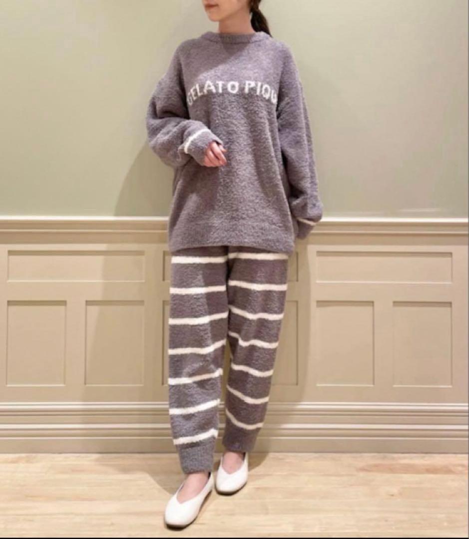 新品　ジェラートピケ　ルームウェア　上下セット　グレー　ロゴ　ボーダー　パンツ