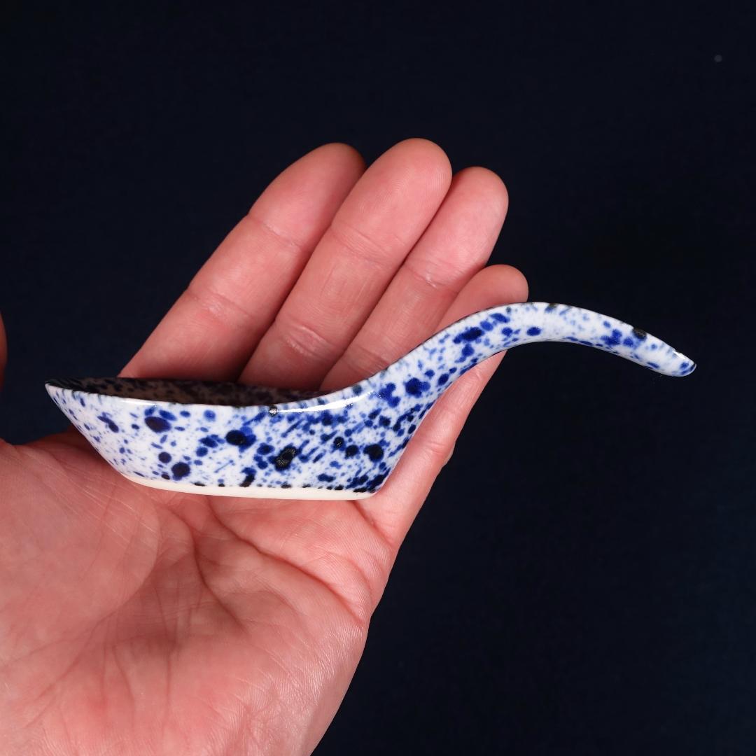 京焼 川尻一寛 禎山窯 染付 吹墨 レンゲ形 珍味入 10客 台座付