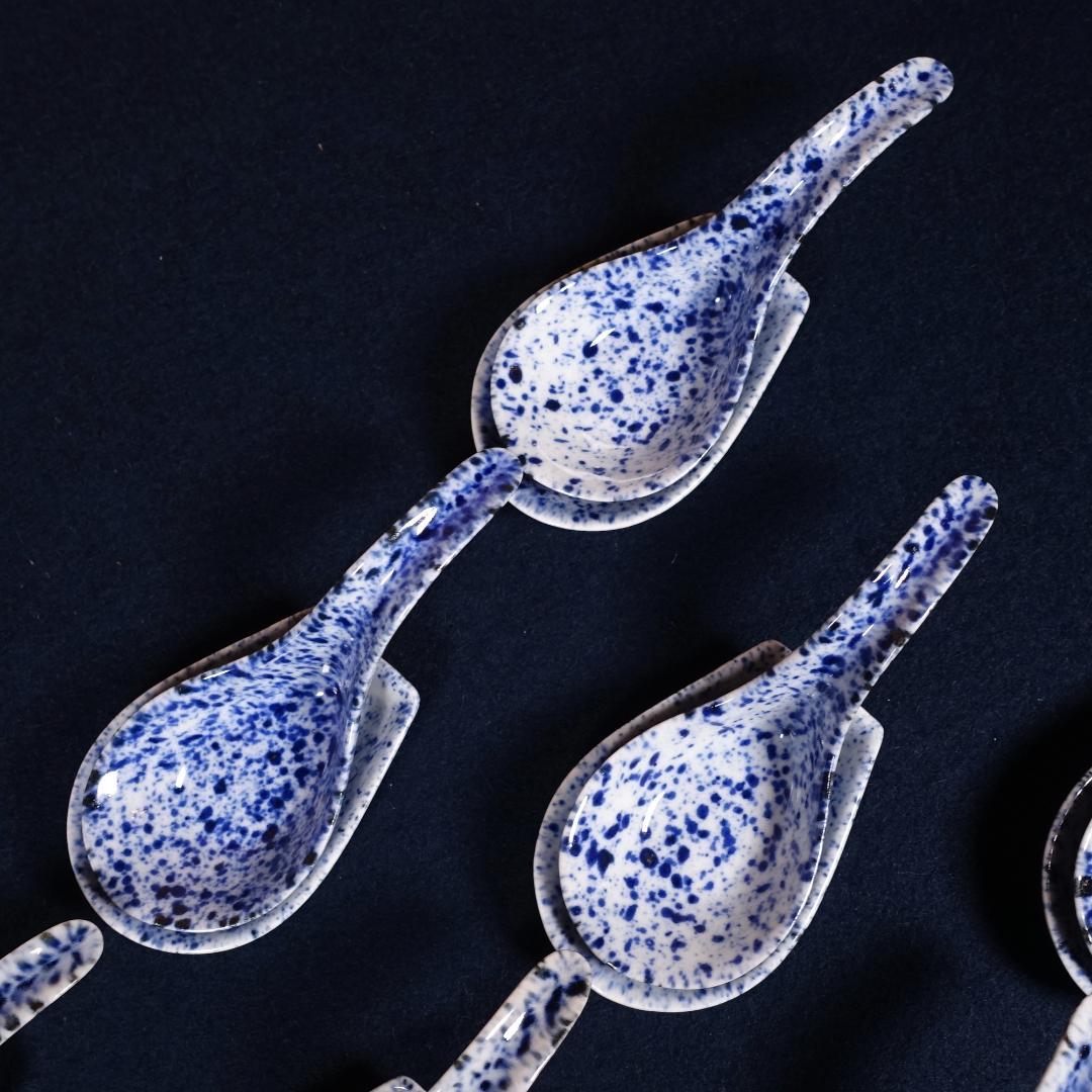 京焼 川尻一寛 禎山窯 染付 吹墨 レンゲ形 珍味入 10客 台座付