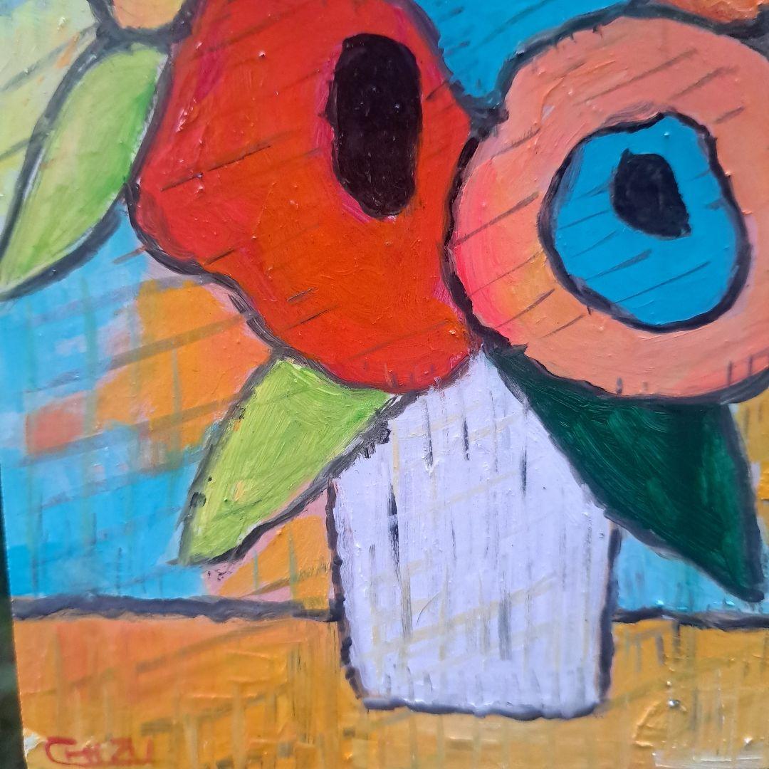 木製ジェッソパネル油絵　　専用　白い花瓶に入れたお花