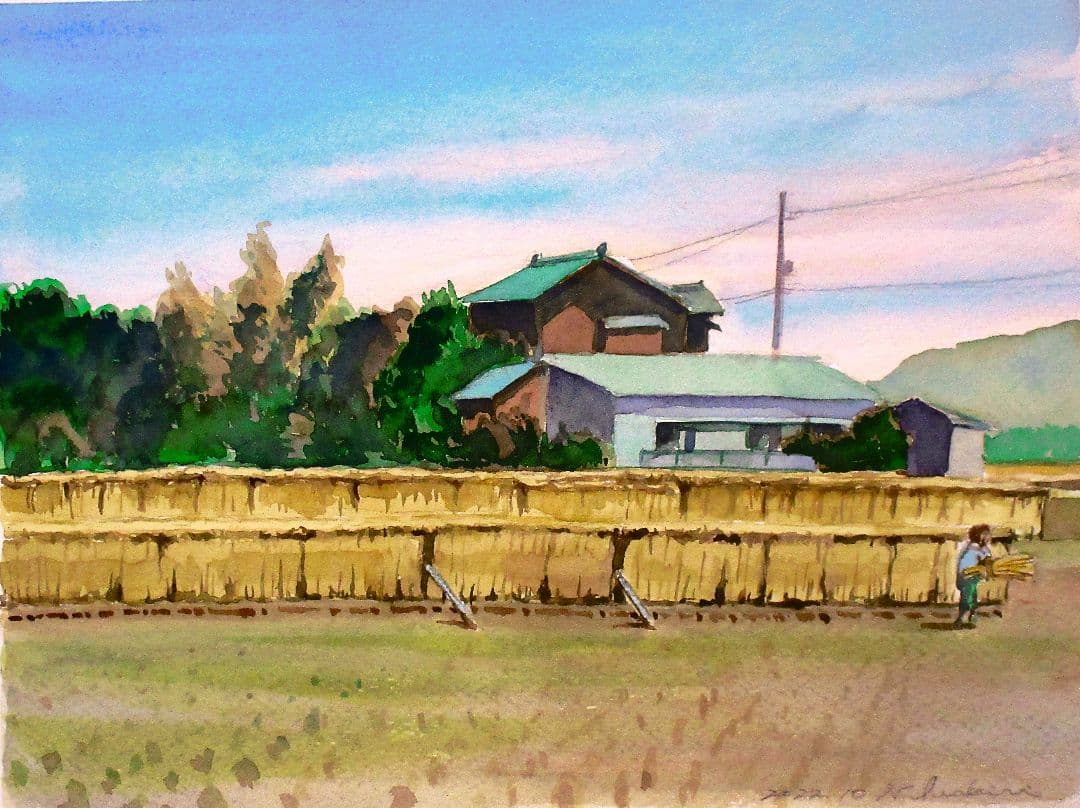 田園風景 水彩画 額装済み 原画 F6サイズ