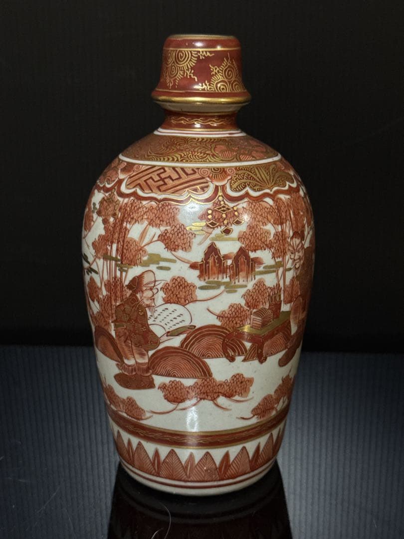 湖東焼 金蘭赤絵 人物図 花瓶 徳利 在銘